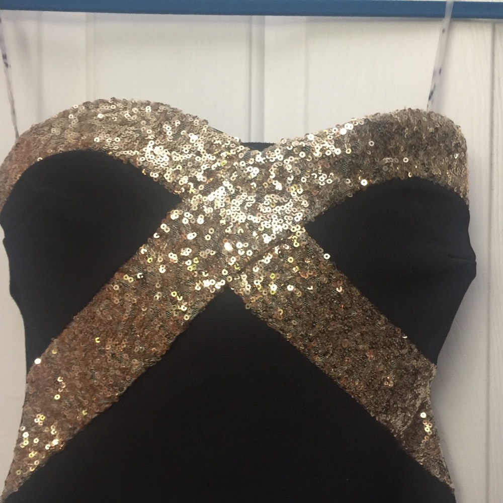 Black gold sequin strapless dress
